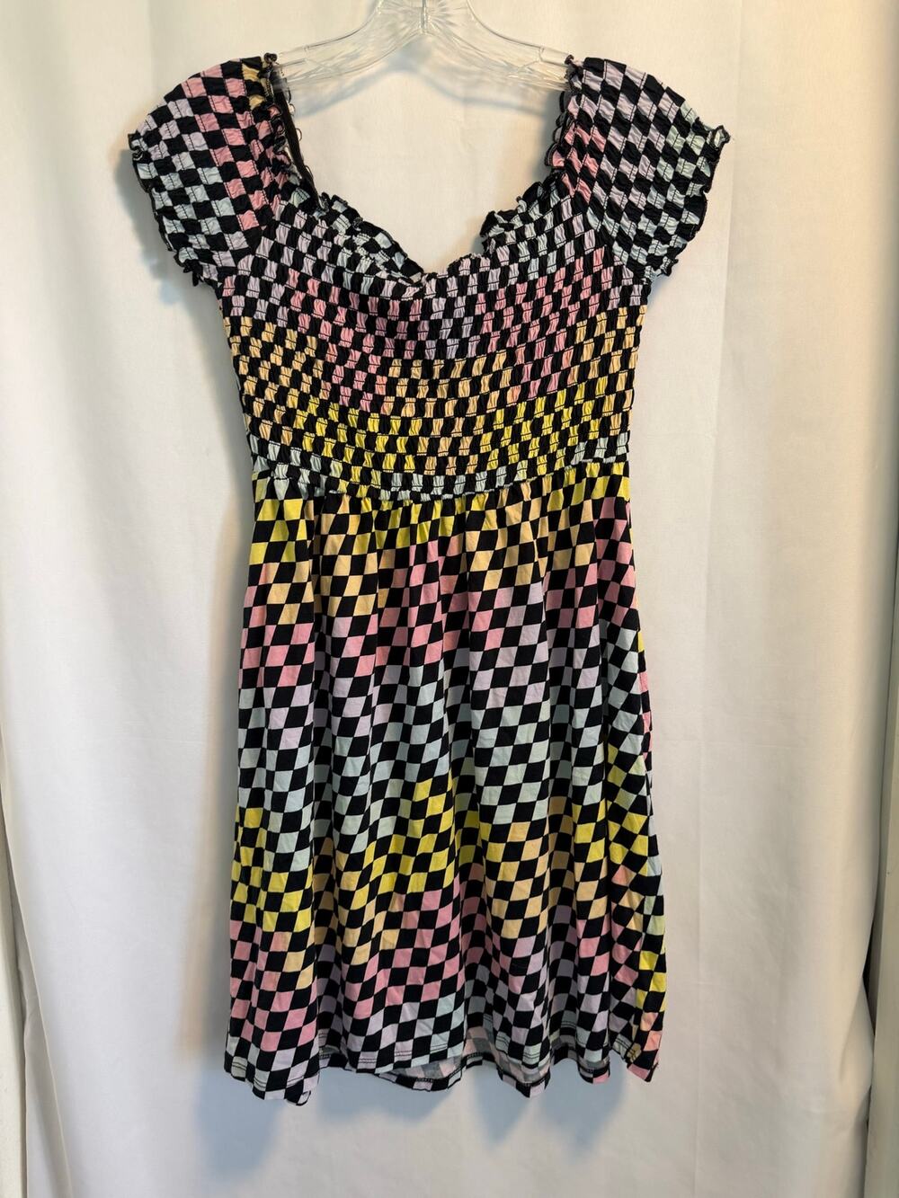 Hot Topic | Rainbow Checkered Dress Pastel Colored With Smocked Bodice